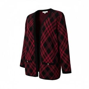 NWT Anne Klein Women's Red Black Plaid Open Front Cardigan Sweater Size Medium